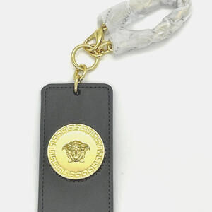 VERSACE Grey Leather Luggage Tag Gold Plated Medusa Emblem Chain